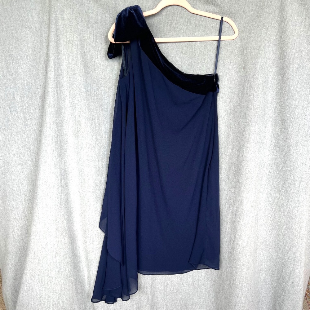 Lauren Ralph Lauren Black Label One Shoulder Bow Velvet/Chiffon Navy Mini Dress